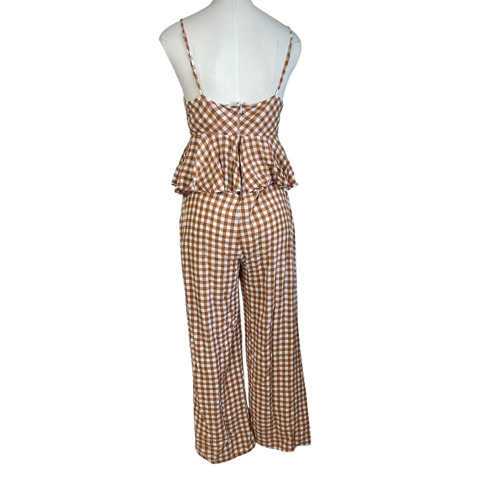 Anthropologie Brown & White Gingham Tie-Front Wide-Leg Jumpsuit - Picture 4 of 11